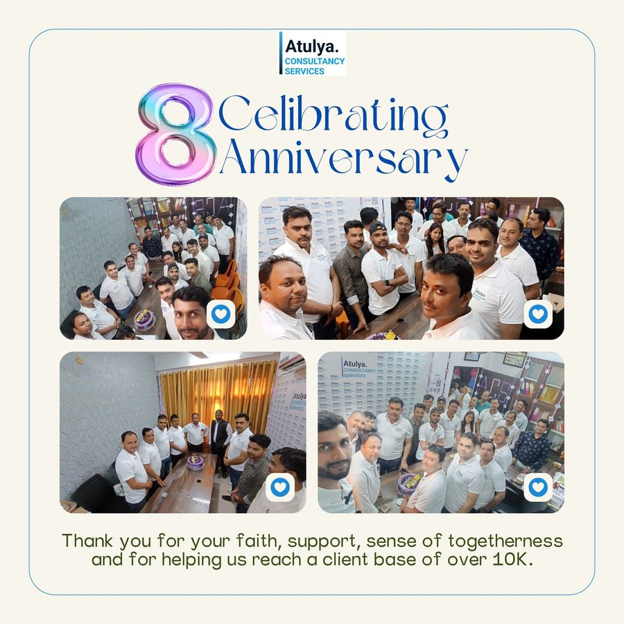 Collage of the Atulya team celebrating the firm's 8th anniversary